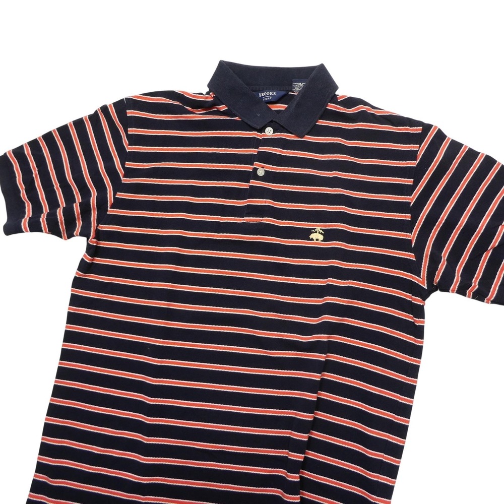 Brooks‎ Sports Polo Shirt Mens Medium Blue Orange Striped Cotton Casual Logo